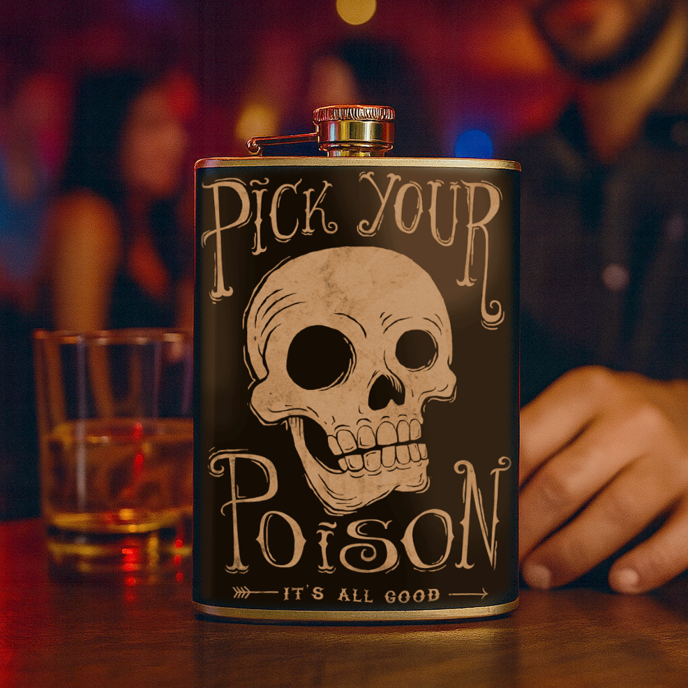Pick Your Poison Stainless Steel Hip Flask – 8 oz Classic Bar Humor Gift Flask