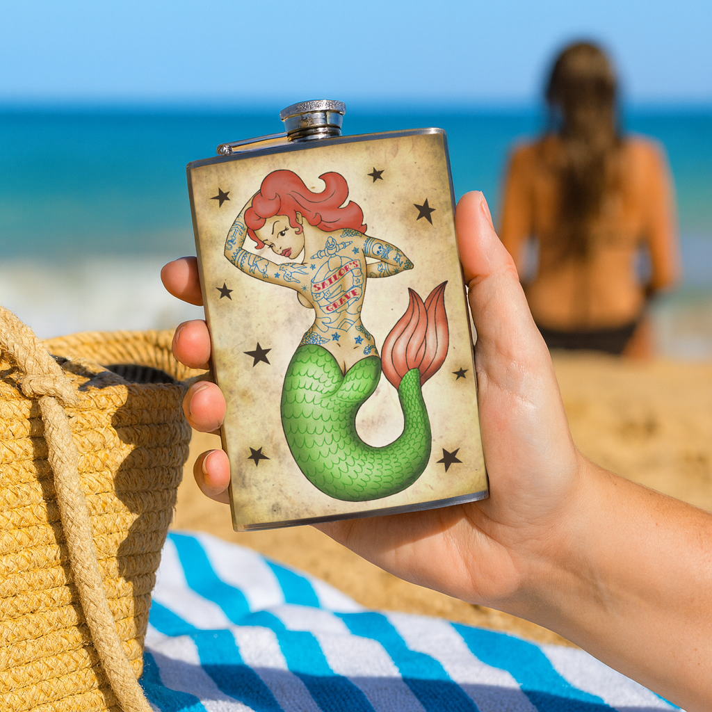 Tattooed Mermaid Stainless Steel Hip Flask – 8 oz Vintage Nautical Gift Flask