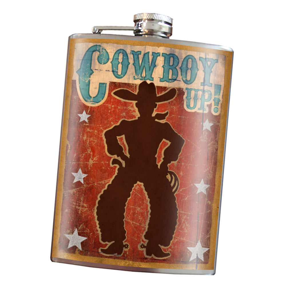 Cowboy Up stainless steel hip flask with Western cowboy design, 8 oz capacity
