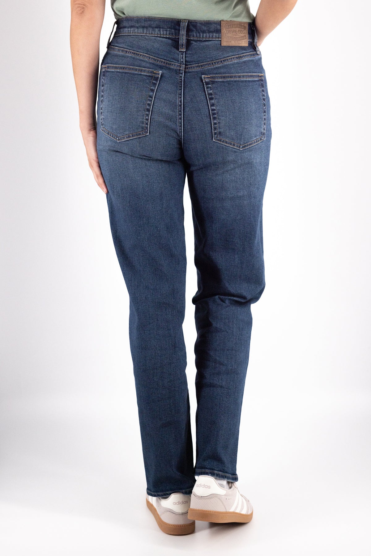 DEVIL-DOG® Women’s High Rise Straight Stretch Jeans – Emerald Isle Med/Dark Wash