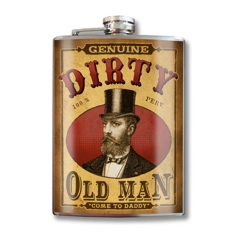 Dirty Old Man funny stainless steel hip flask with bold humorous design, 8 oz capacity