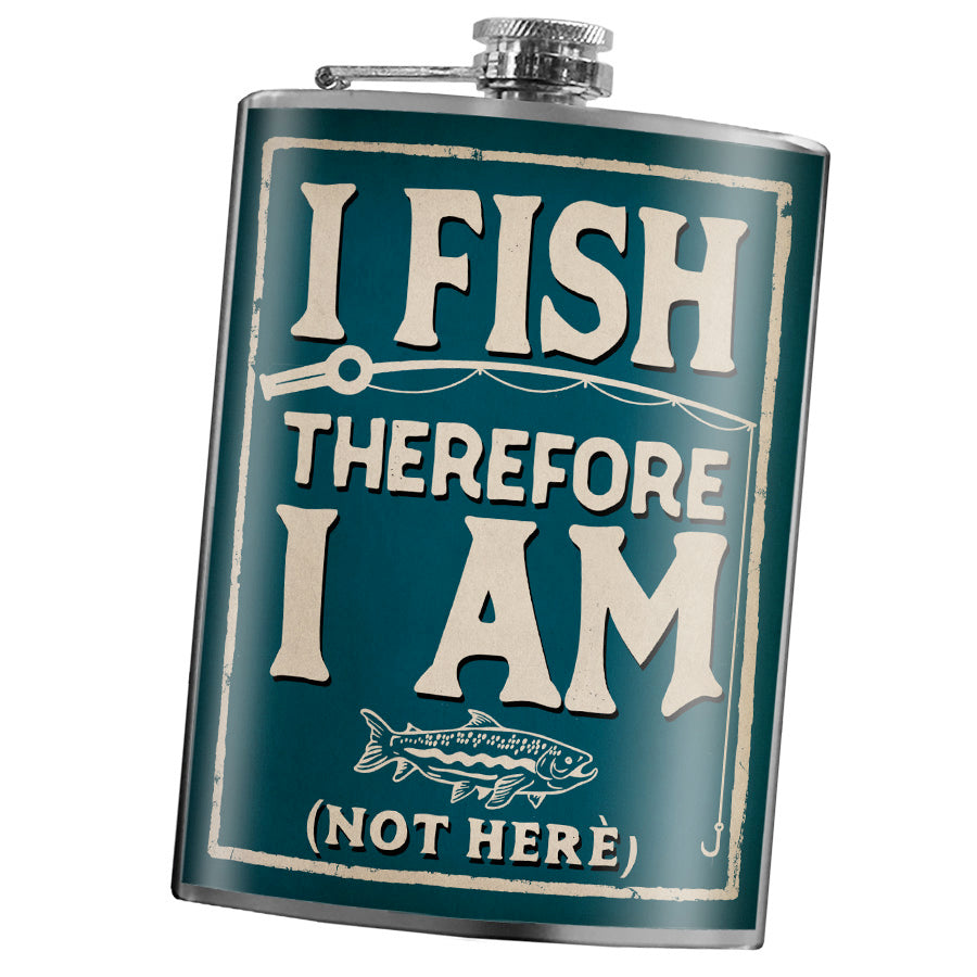 I Fish Therefore I Am Not Here funny stainless steel hip flask with gift box, 8 oz capacity