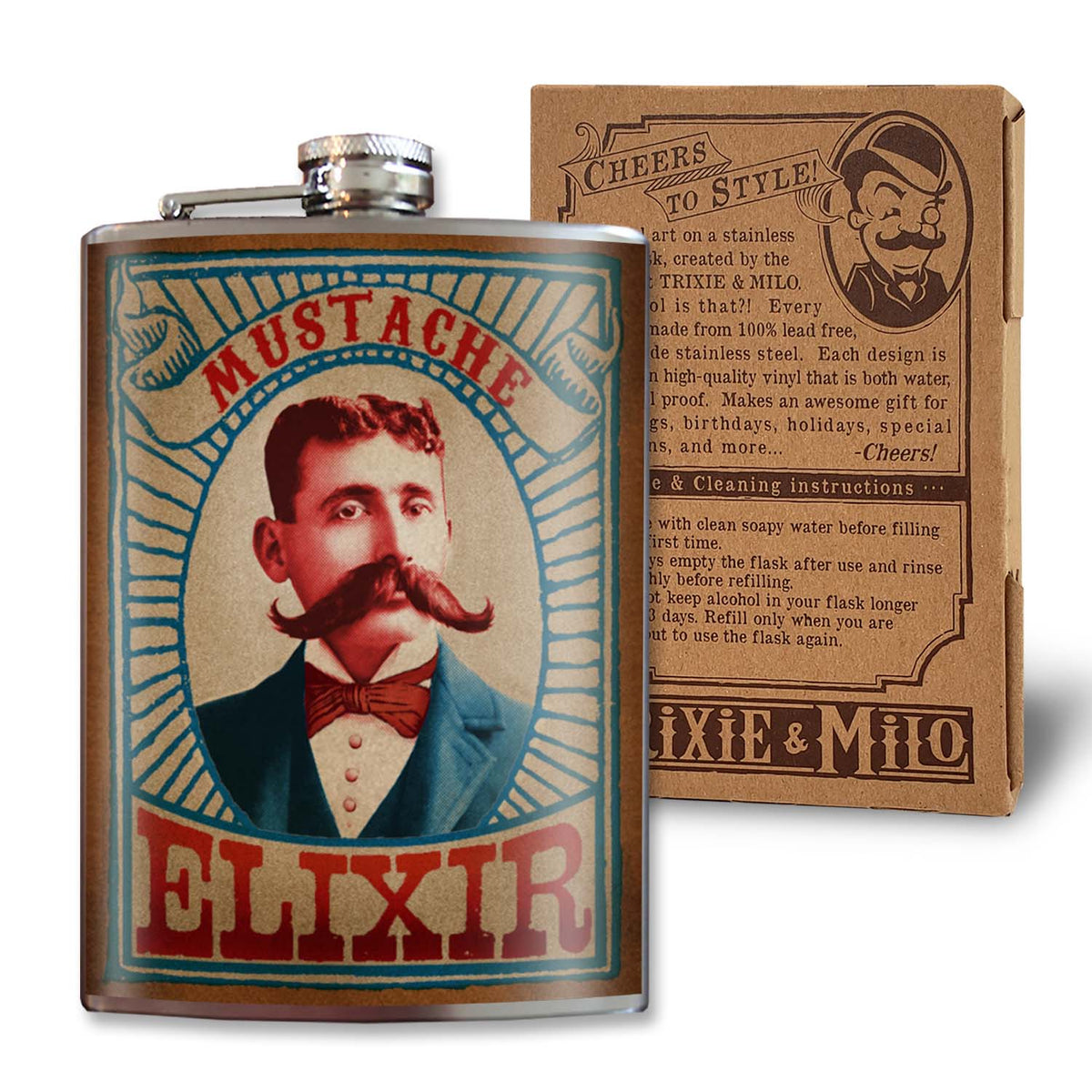 Mustache Elixir Stainless Steel Hip Flask – 8 oz Vintage Gentleman Gift Flask