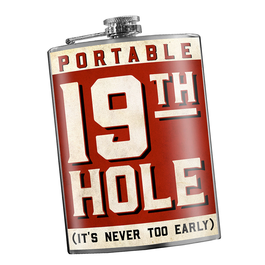 Portable 19th Hole stainless steel hip flask with golf humor design, 8 oz capacity