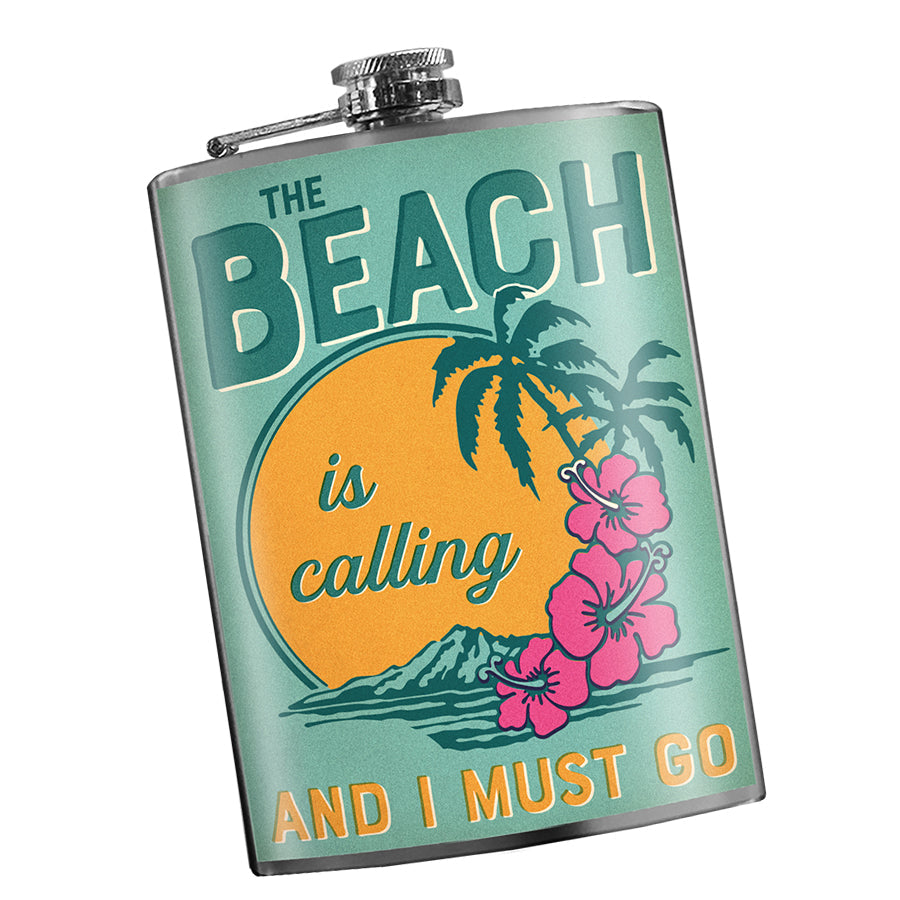 The Beach Is Calling stainless steel hip flask with coastal design, 8 oz capacity