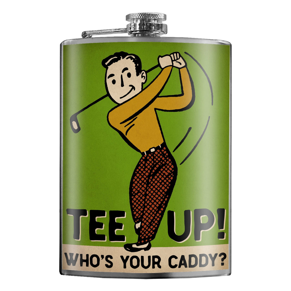 Who’s Your Caddy funny stainless steel hip flask with golf design and gift box, 8 oz capacity