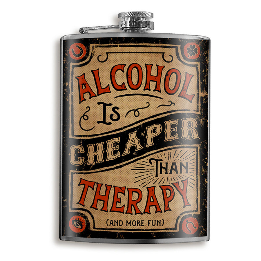 Alcohol Is Cheaper Than Therapy funny stainless steel hip flask with gift box, 8 oz capacity
