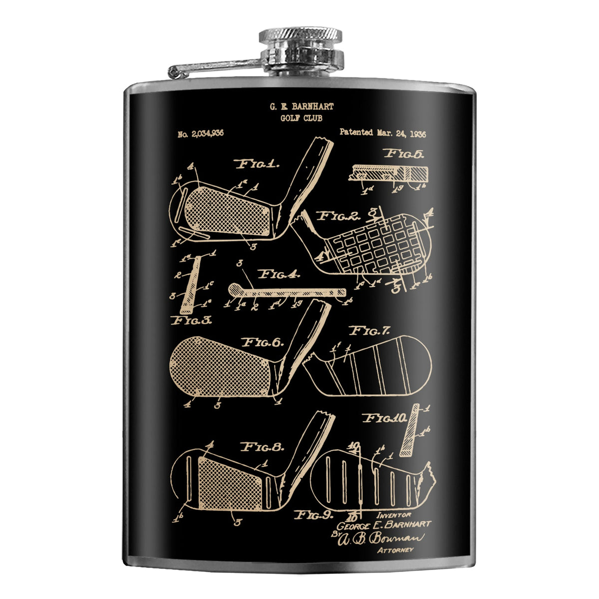 Golf Club Diagram stainless steel hip flask with vintage schematic design, 8 oz capacity