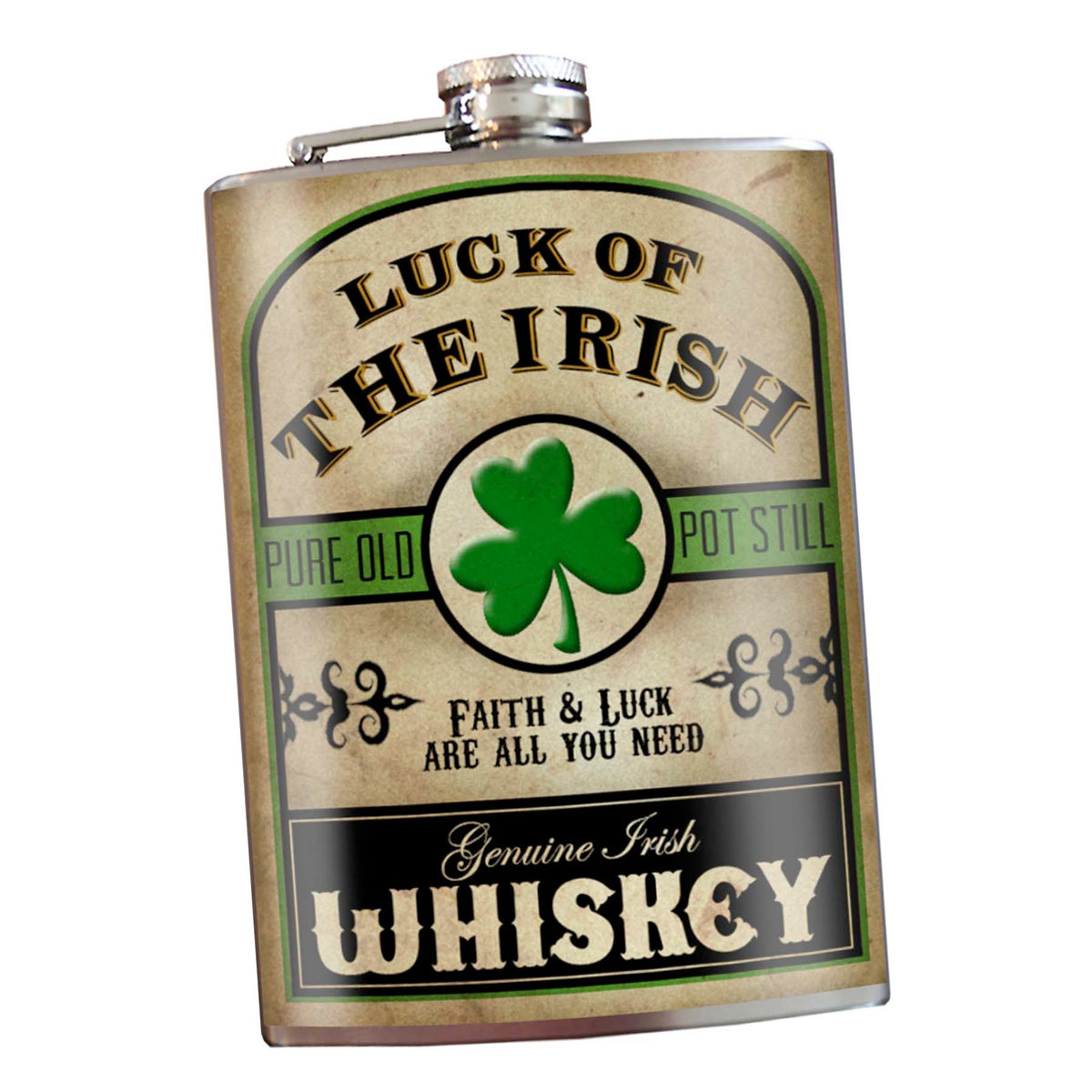 Luck of the Irish stainless steel hip flask with Irish-themed design, 8 oz capacity