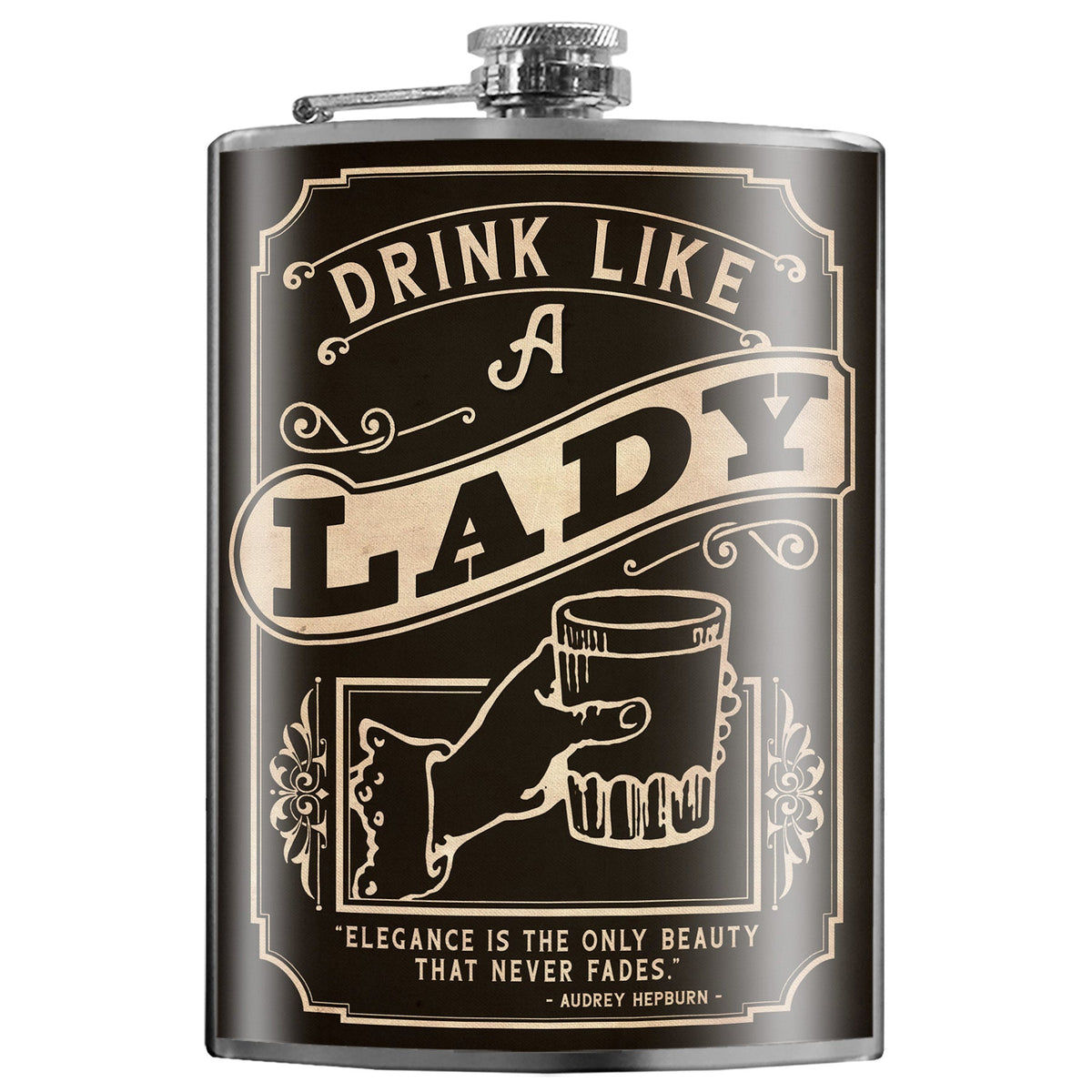 Drink Like a Lady stainless steel hip flask with vintage design and gift box, 8 oz capacity
