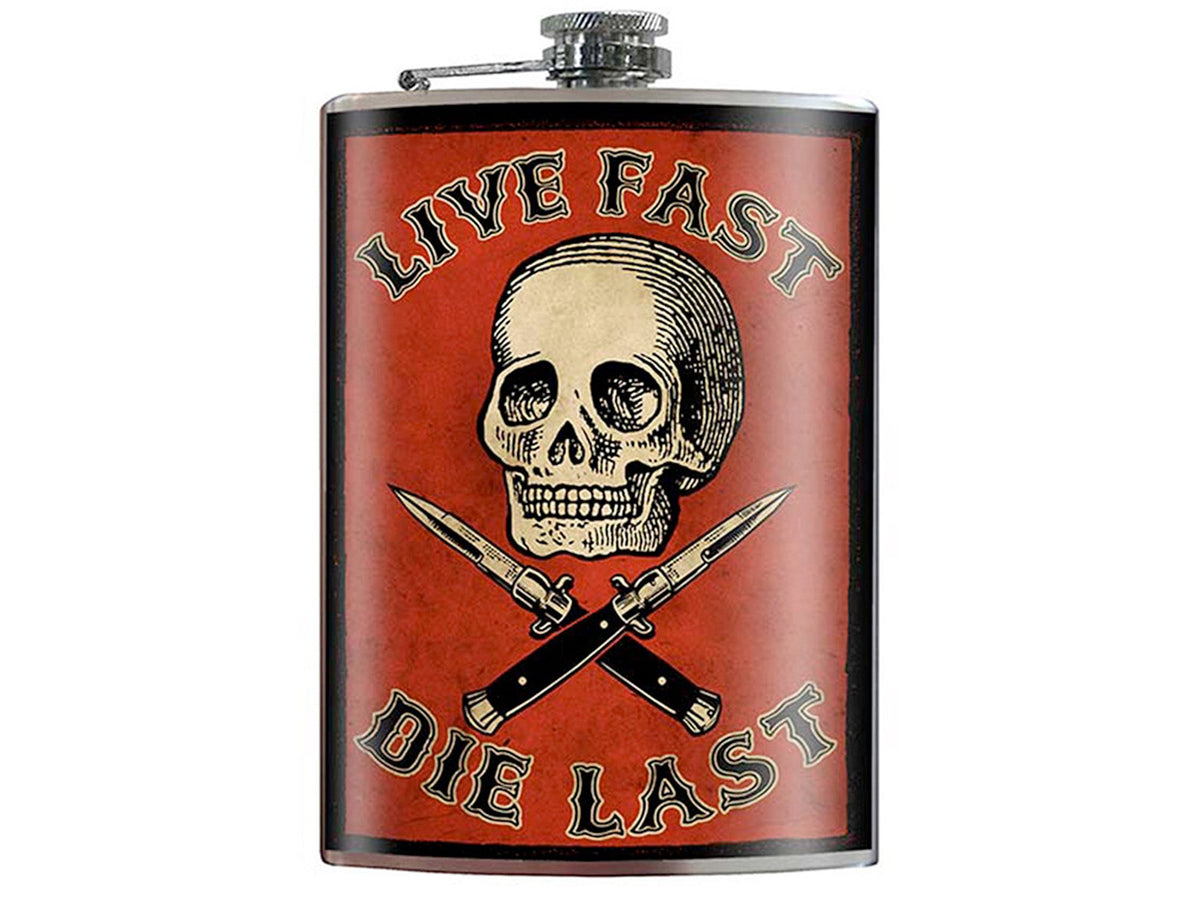 Live Fast Die Last stainless steel hip flask with skull and crossed knives design, 8 oz capacity