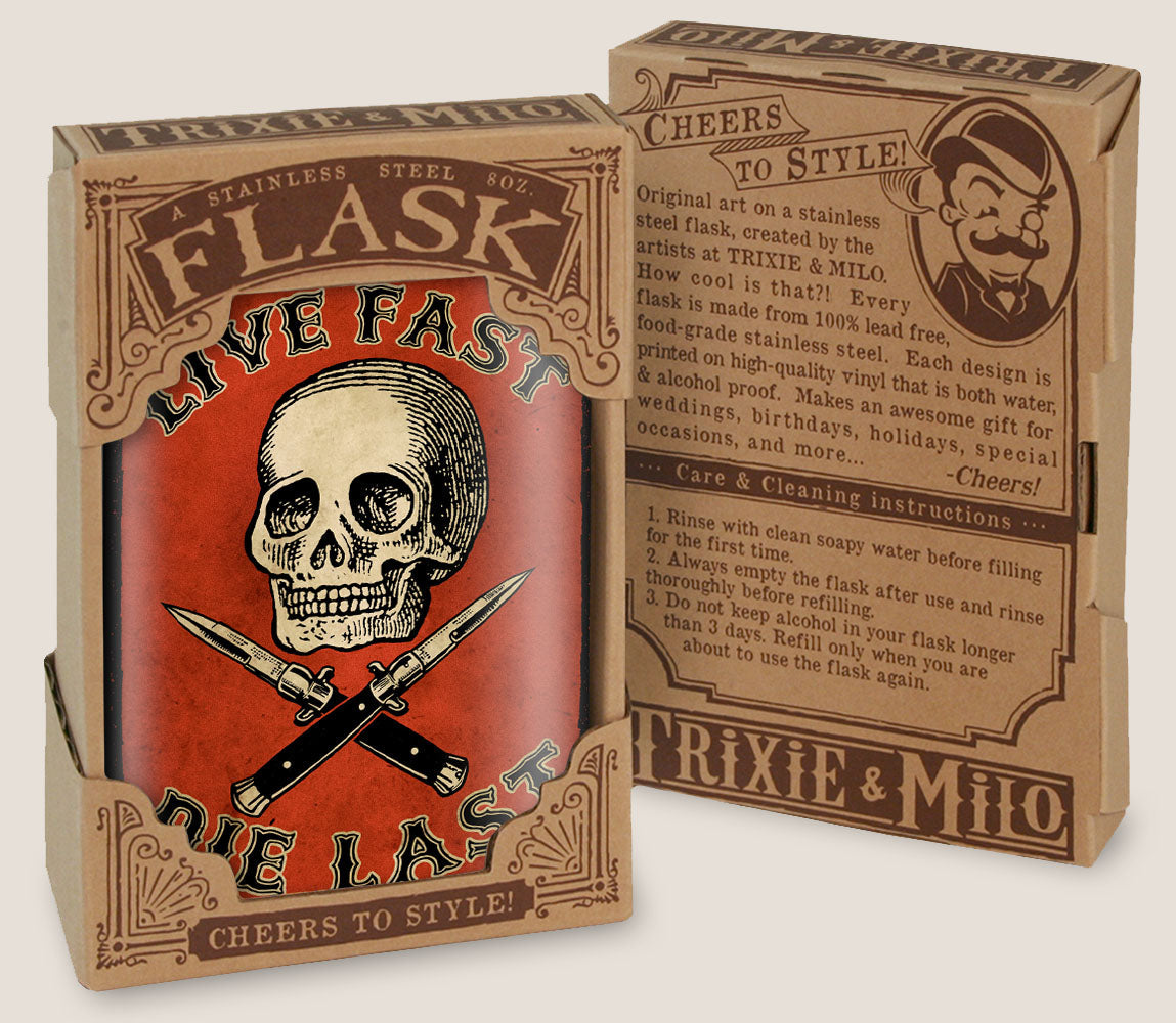 Live Fast, Die Last Stainless Steel Hip Flask – 8 oz Skull Gift Flask