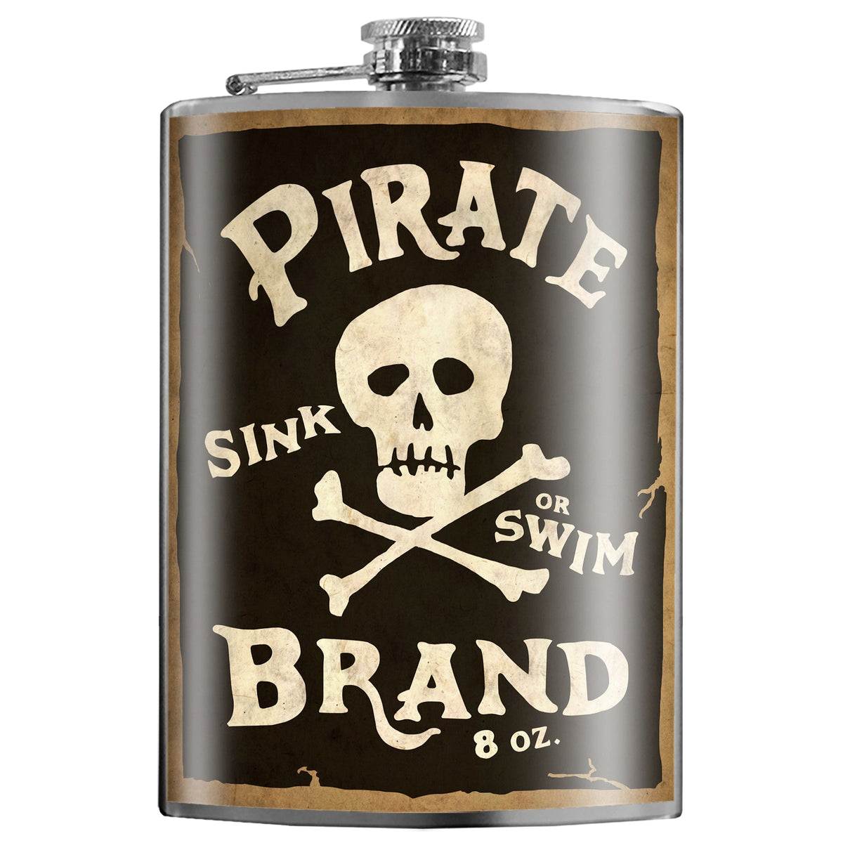 Pirate Brand stainless steel hip flask with skull and crossbones design, 8 oz capacity