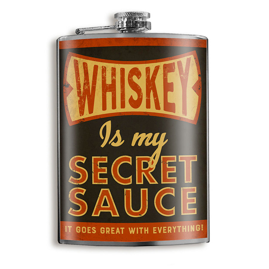 Whiskey Is My Secret Sauce funny stainless steel hip flask with gift box, 8 oz capacity