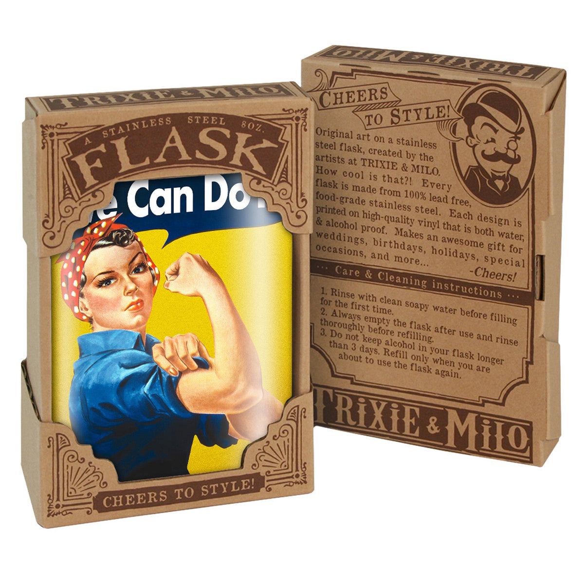 We Can Do It! Stainless Steel Hip Flask – 8 oz Vintage Empowerment Gift Flask