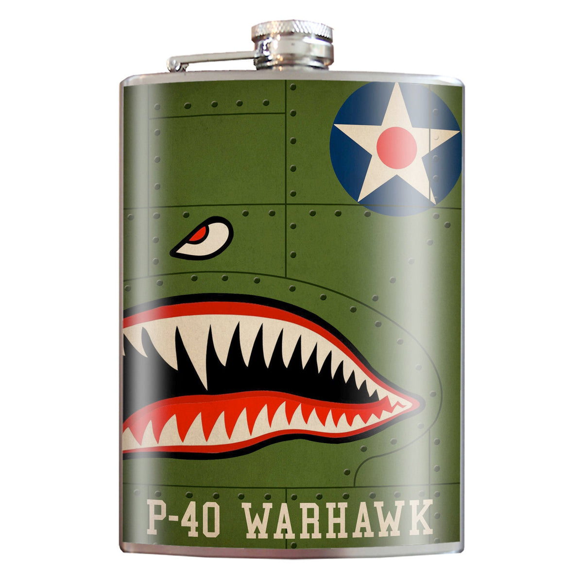 P-40 Warhawk stainless steel hip flask with vintage aviation shark mouth design, 8 oz capacity