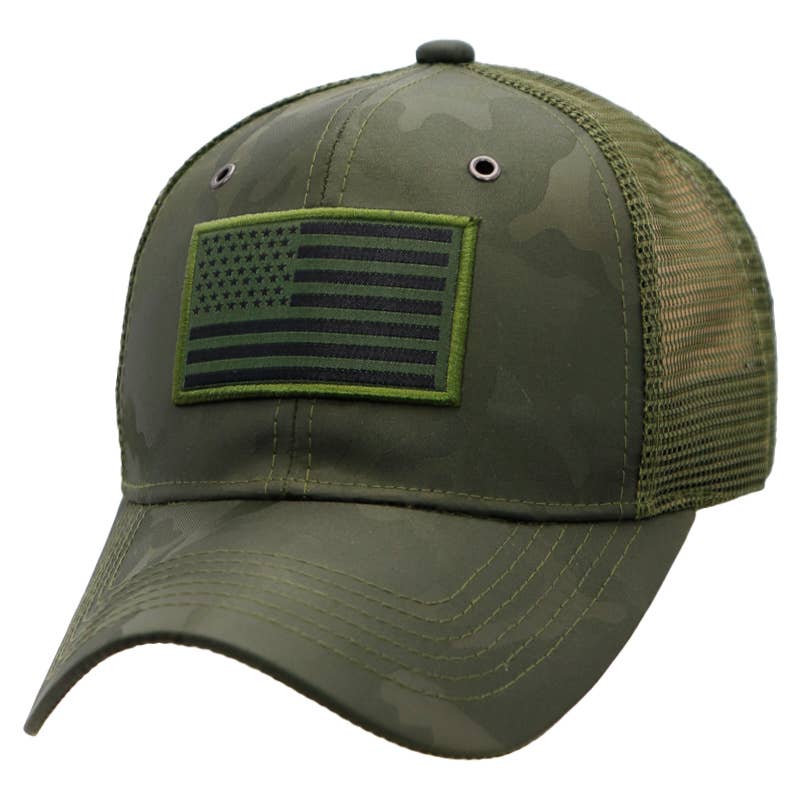 Green camouflage patriotic trucker hat with monochrome American flag patch