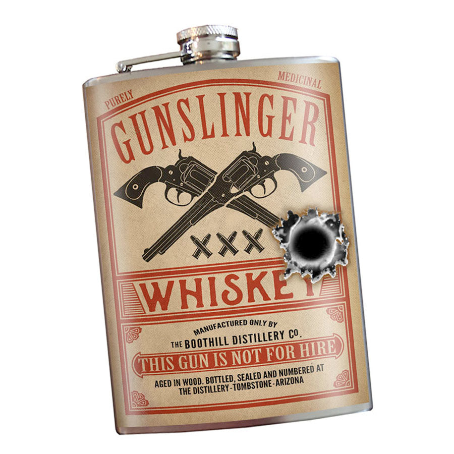 Gunslinger stainless steel hip flask with Western outlaw design, 8 oz capacity