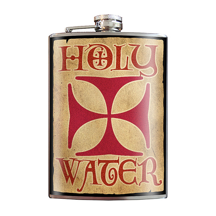 Holy Water funny stainless steel hip flask with minimalist religious humor design, 8 oz capacity