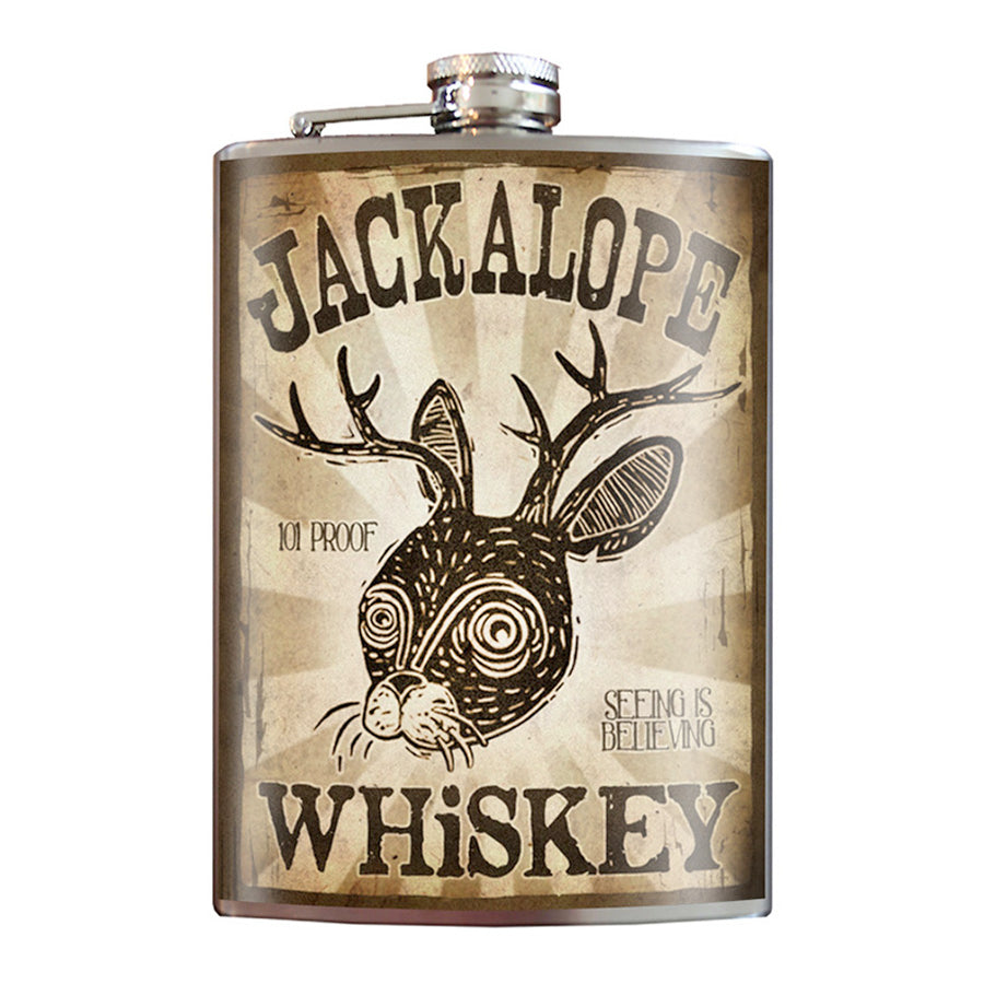 Jackalope Whiskey stainless steel hip flask with mythical jackalope design, 8 oz capacity