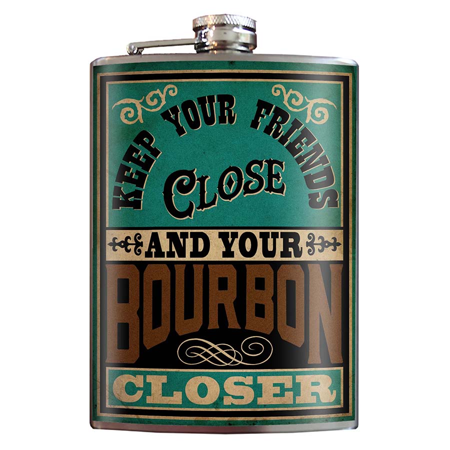 Keep Your Bourbon Closer stainless steel hip flask with vintage whiskey design, 8 oz capacity
