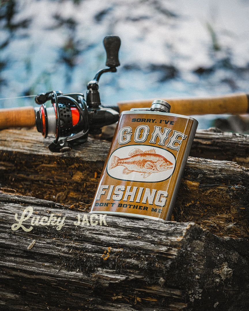 Gone Fishing Funny Stainless Steel Hip Flask – 8 oz Gift Flask