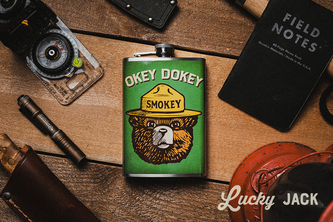 Okey Dokey Funny Stainless Steel Hip Flask – 8 oz Smokey Bear Style Gift Flask