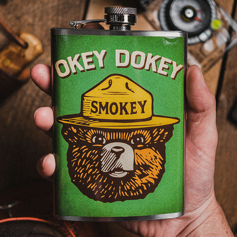 Okey Dokey Funny Stainless Steel Hip Flask – 8 oz Smokey Bear Style Gift Flask