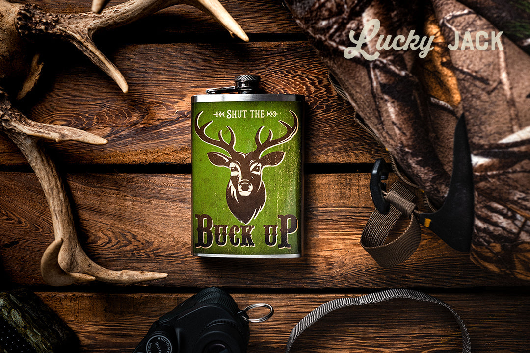 Shut the Buck Up Funny Stainless Steel Hip Flask – 8 oz Hunting Gift Flask