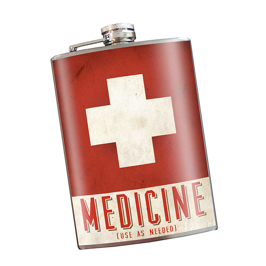 Medicine stainless steel hip flask with red medical cross design and humorous text, 8 oz capacity