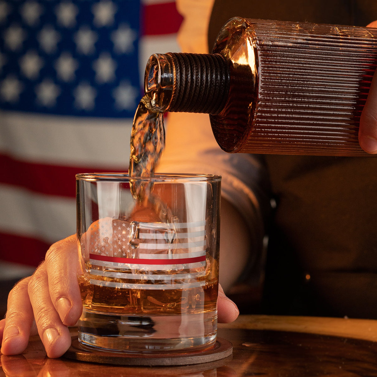 Thin Red Line Firefighter American Flag Whiskey Glass – 10 oz – Made in USA