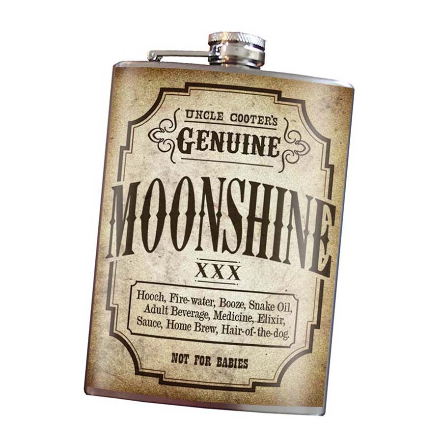 Genuine Moonshine stainless steel hip flask with vintage moonshine design, 8 oz capacity