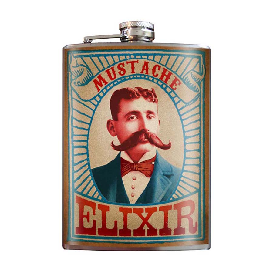 Mustache Elixir stainless steel hip flask with vintage mustache design, 8 oz capacity