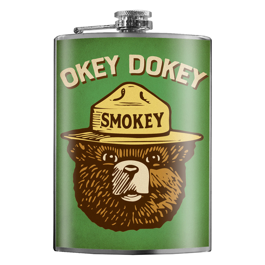 Okey Dokey funny stainless steel hip flask with bear ranger design, 8 oz capacity