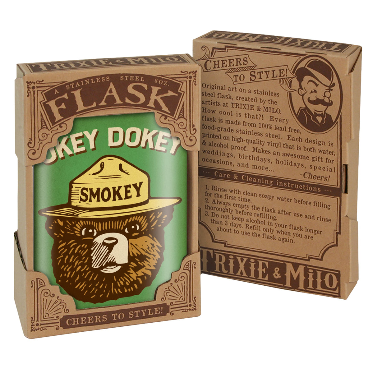 Okey Dokey Funny Stainless Steel Hip Flask – 8 oz Smokey Bear Style Gift Flask