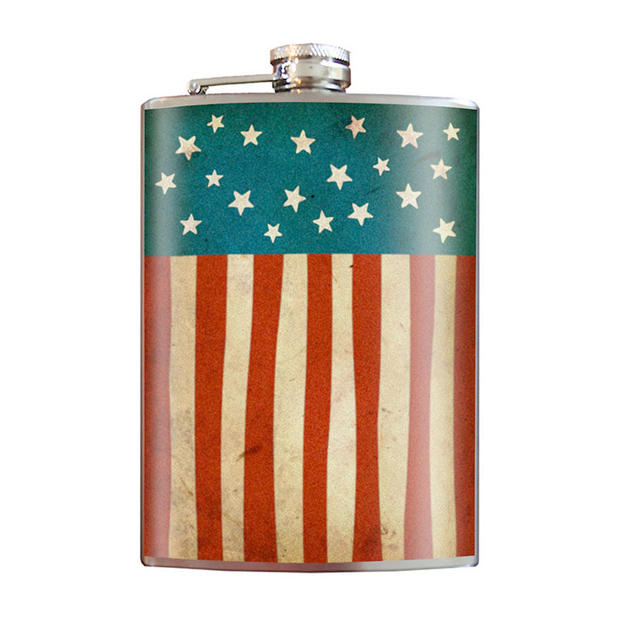 Old Glory stainless steel hip flask with patriotic American flag design, 8 oz capacity