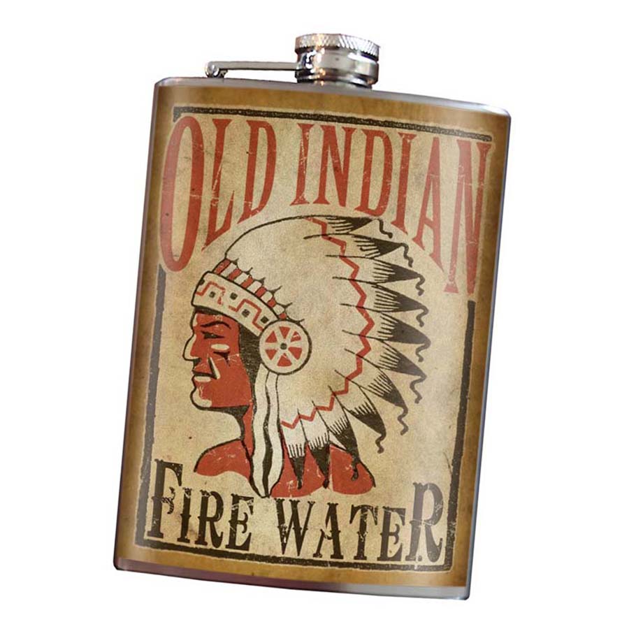 Old Indian Fire Water stainless steel hip flask with vintage folklore design, 8 oz capacity