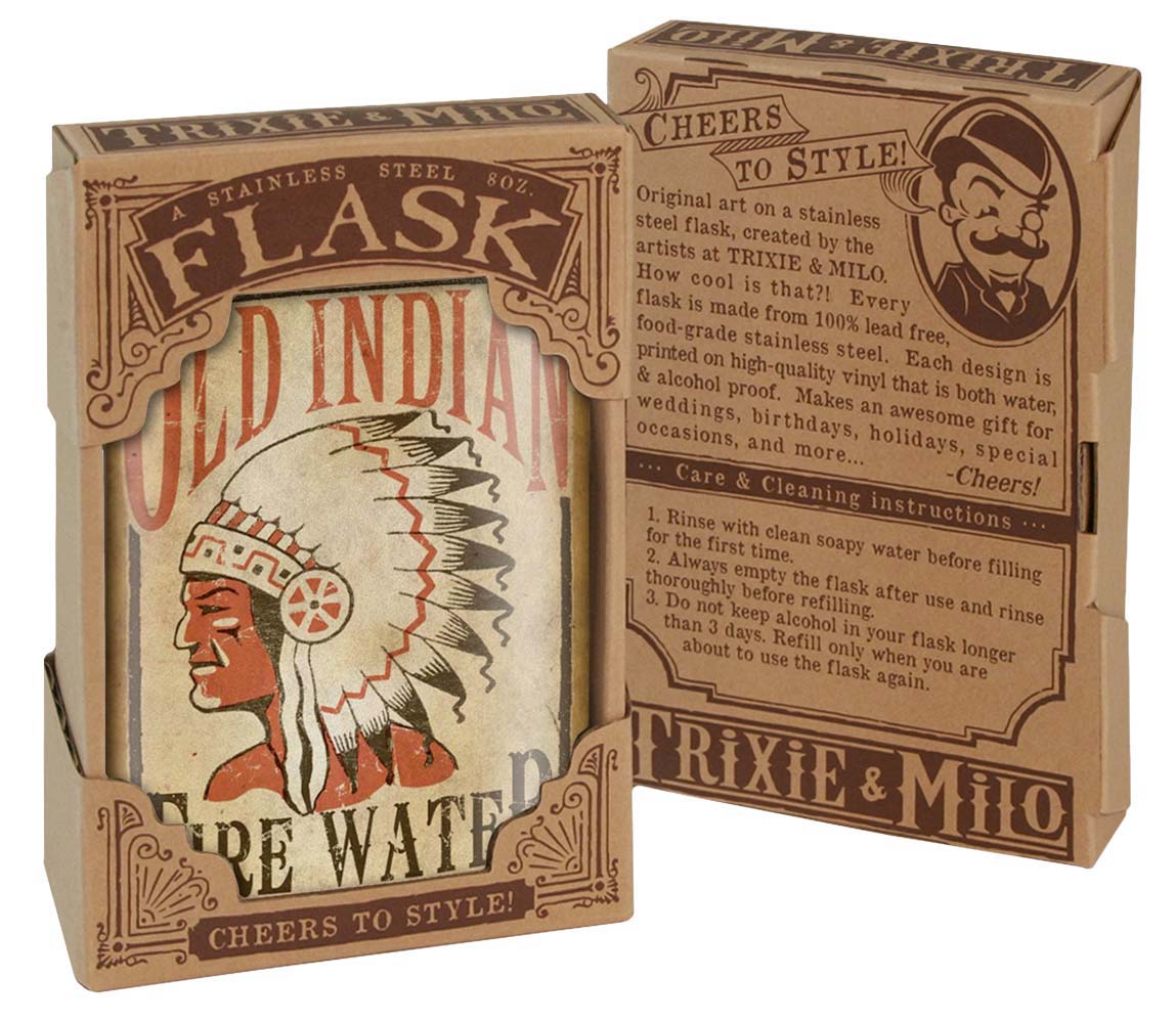 Old Indian Fire Water Stainless Steel Hip Flask – 8 oz Vintage Whiskey Flask