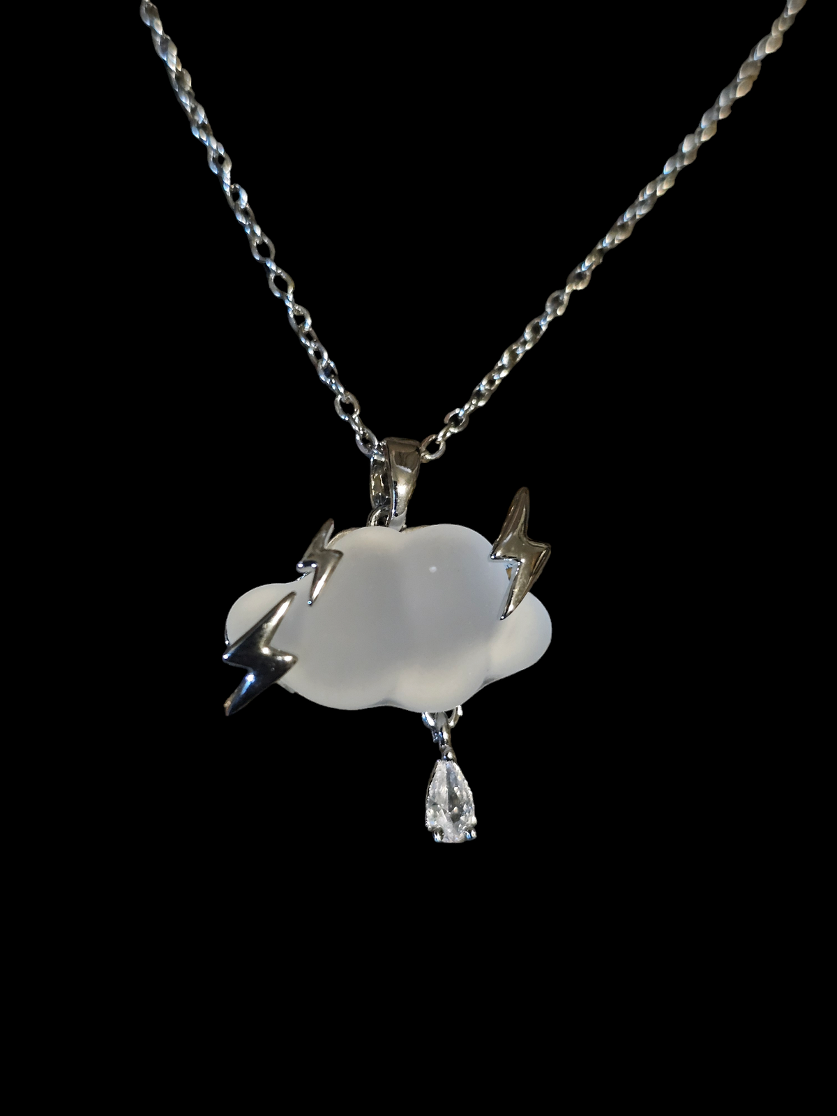 White Cloud" Pendant Necklace - Stainless Silver with Resin Cloud and Zircon Raindrop