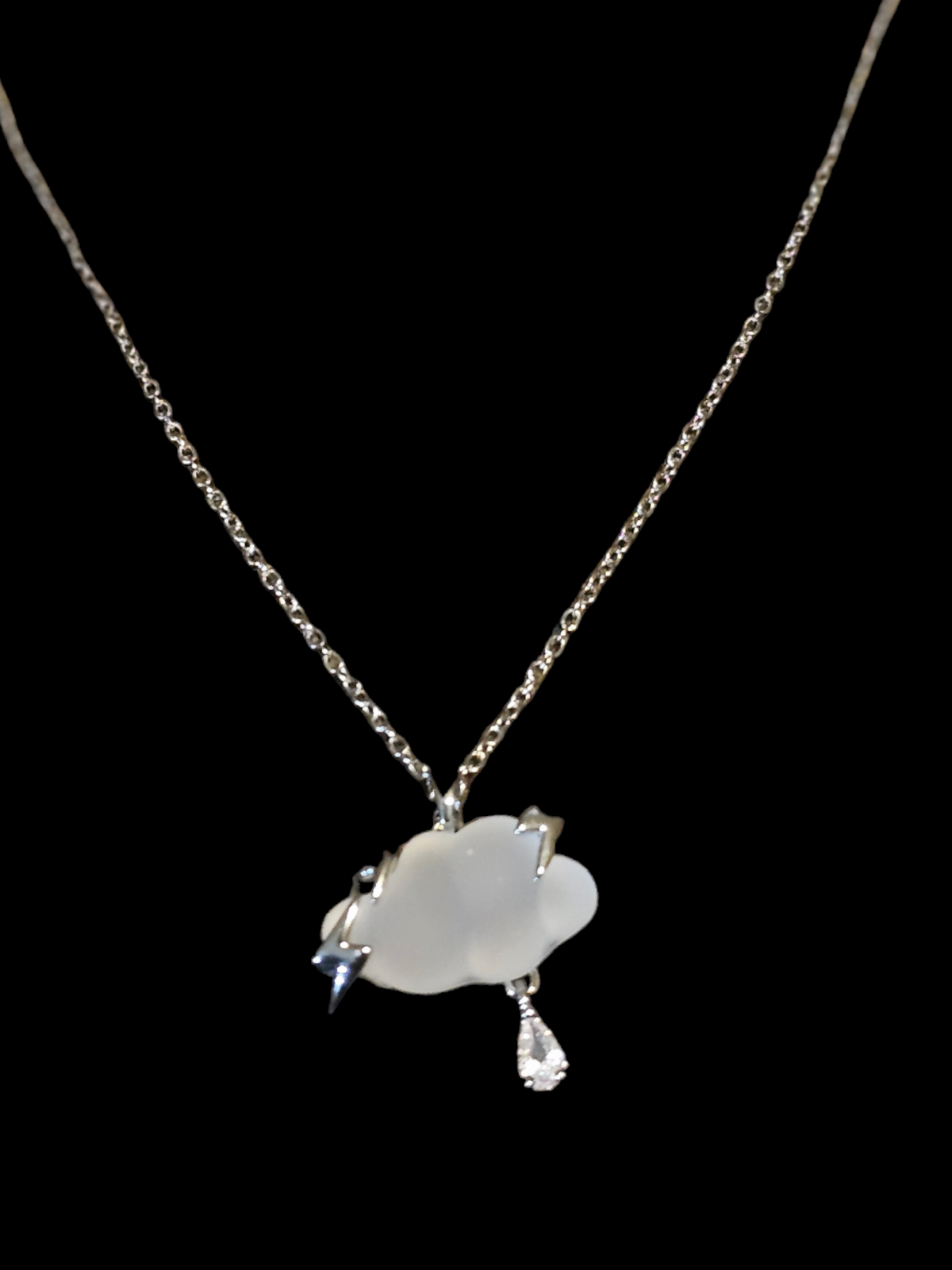 "White Cloud" Pendant Necklace - Stainless Silver with Resin Cloud and Zircon Raindrop