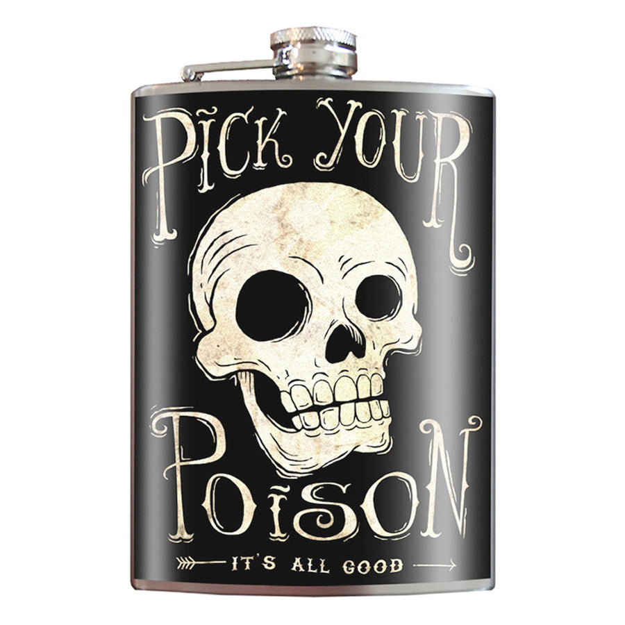Pick Your Poison stainless steel hip flask with classic bar humor design, 8 oz capacity