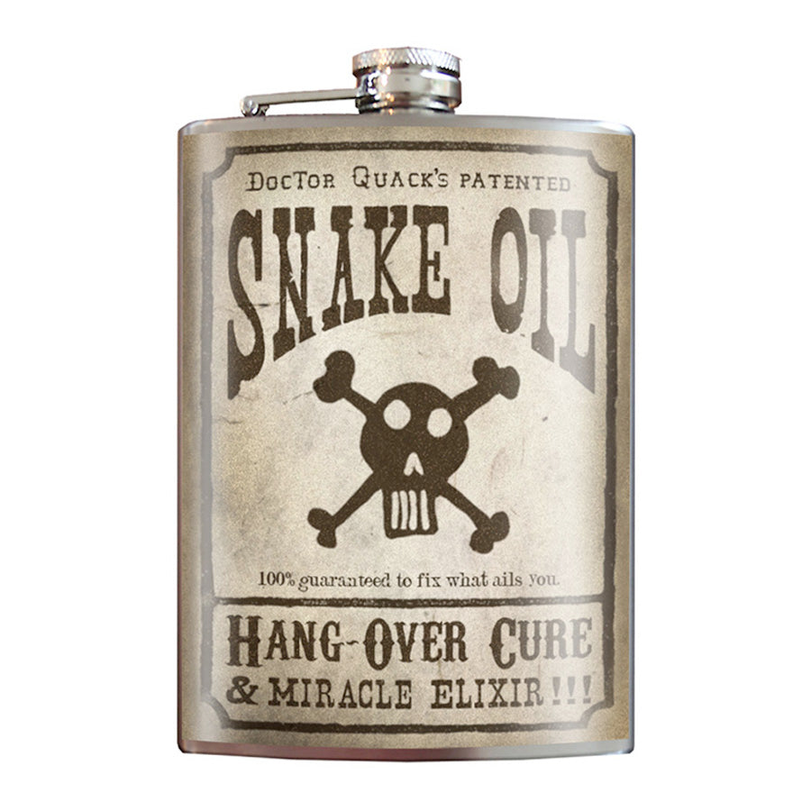 Snake Oil stainless steel hip flask with vintage medicine label design, 8 oz capacity