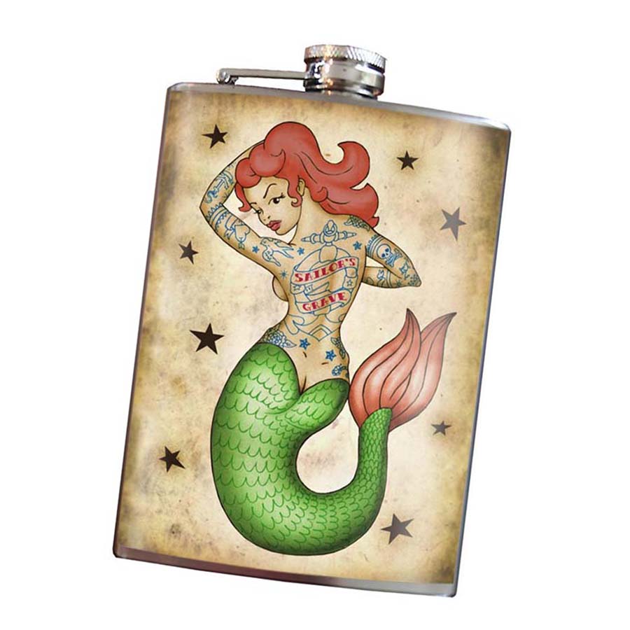 Tattooed Mermaid stainless steel hip flask with vintage nautical tattoo design, 8 oz capacity