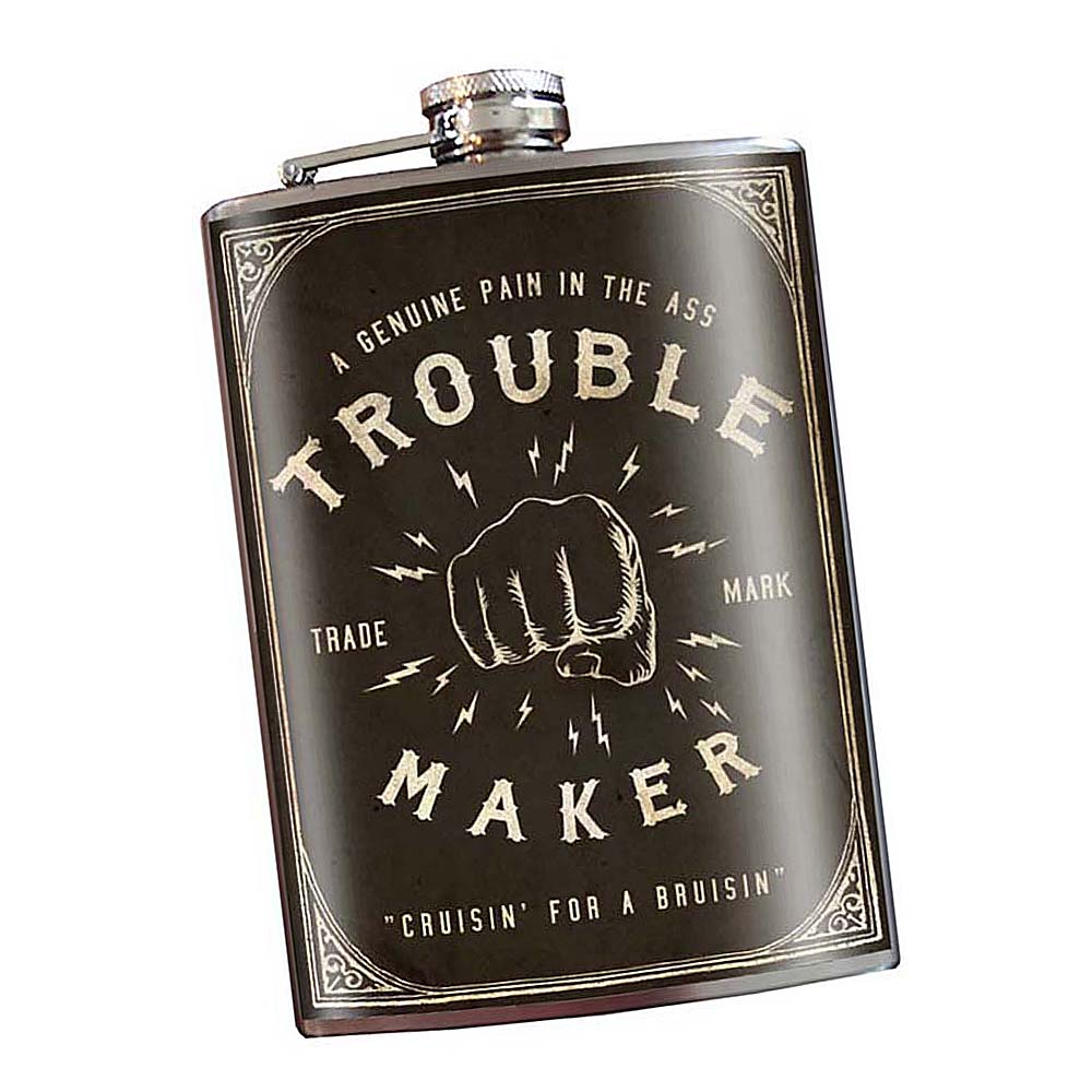 Trouble Maker funny stainless steel hip flask with bold rebellious design, 8 oz capacity