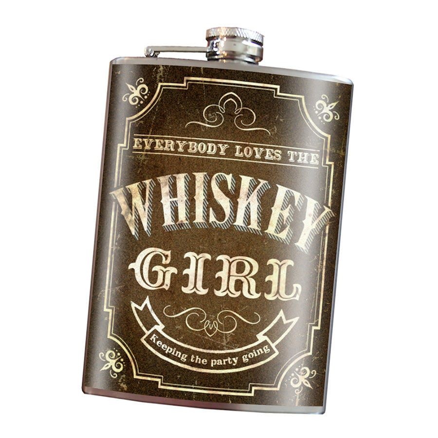 Whiskey Girl stainless steel hip flask with bold whiskey-themed design, 8 oz capacity