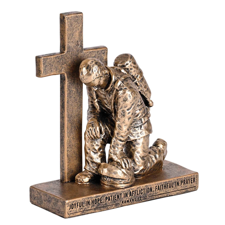 Kneeling Firefighter Cross Prayer Figurine – Bronze-Look Fire Service Faith Decor