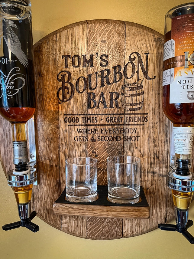 Personalized Bourbon Barrel Lid Liquor Dispenser | Custom Man Cave Bar Decor | Made in USA