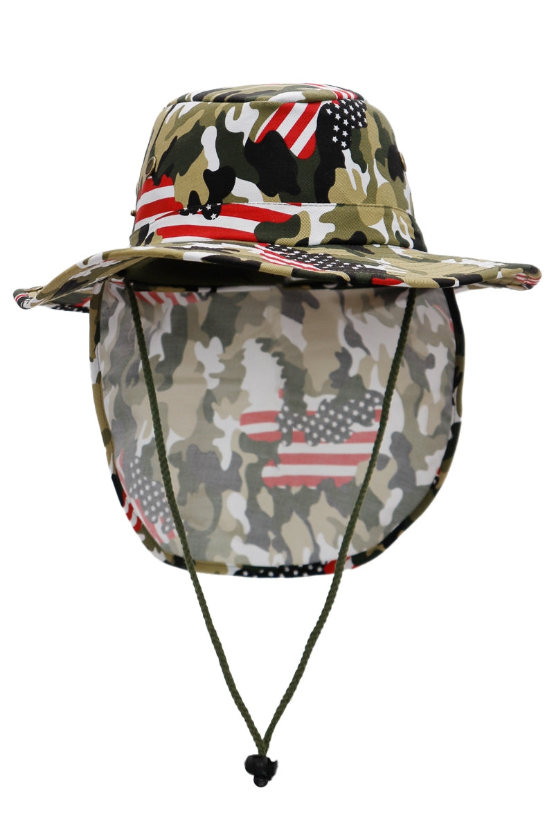 American Flag Green Camo Print Fisherman Boonie Bucket Hat with Neck Cover – Wide Brim, Adjustable Chin Strings, & Neck Guard