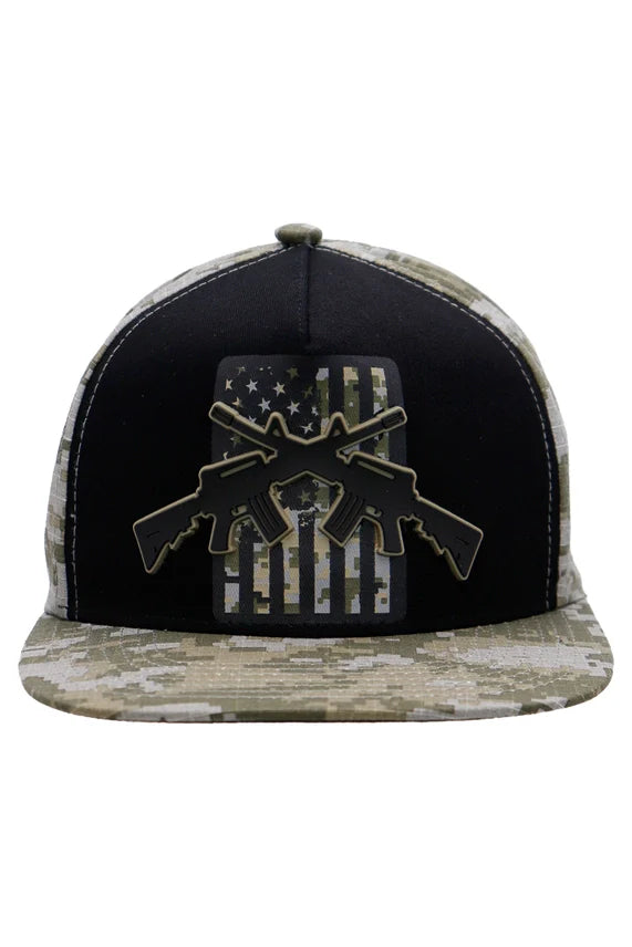 Crossed Rifle USA Flag Flat Brim Cap – Digital Camo Five Panel