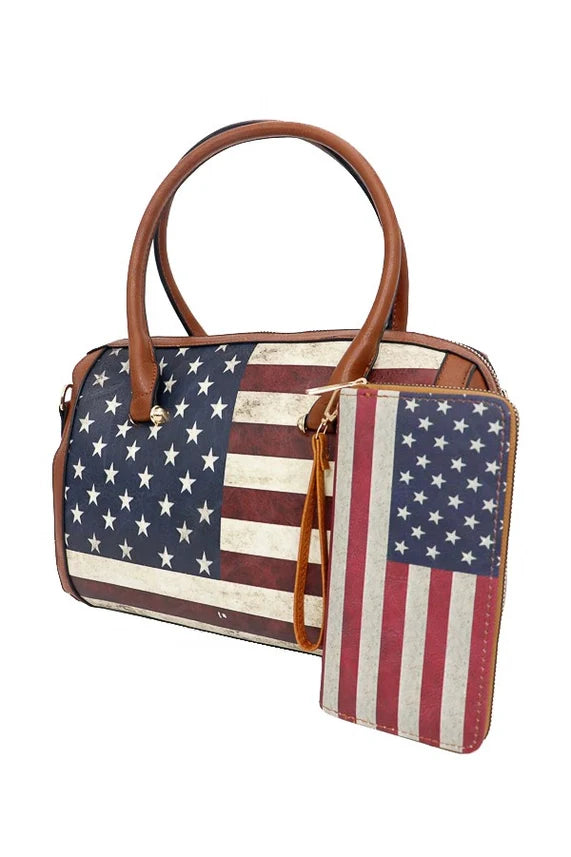 Vintage American flag print continental wallet set with leather trim
